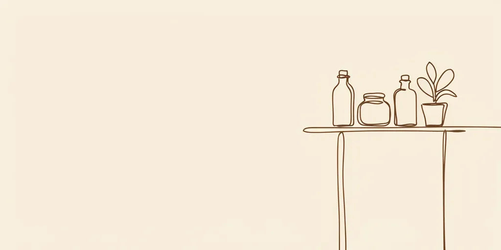 Line art - a sparse shelf with three bottles and a plant