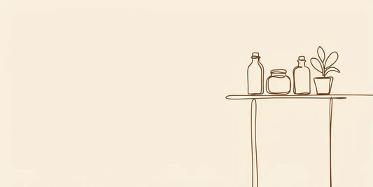 Line art - a sparse shelf with three bottles and a plant