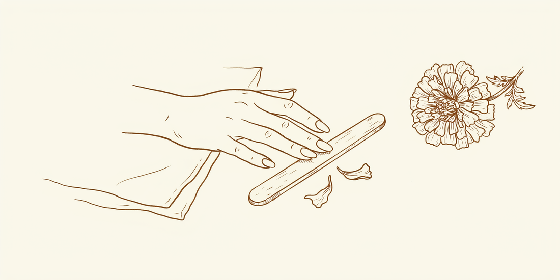 Line drawing of a manicured hand, a nail file and a marigold on cream.
