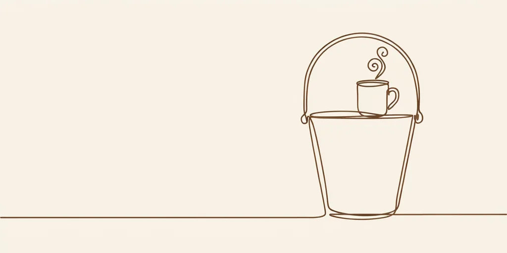 Line art - brass bucket and mug with steam
