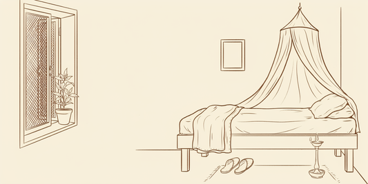 Line drawing of a bed under a mosquito net beside a mesh window.