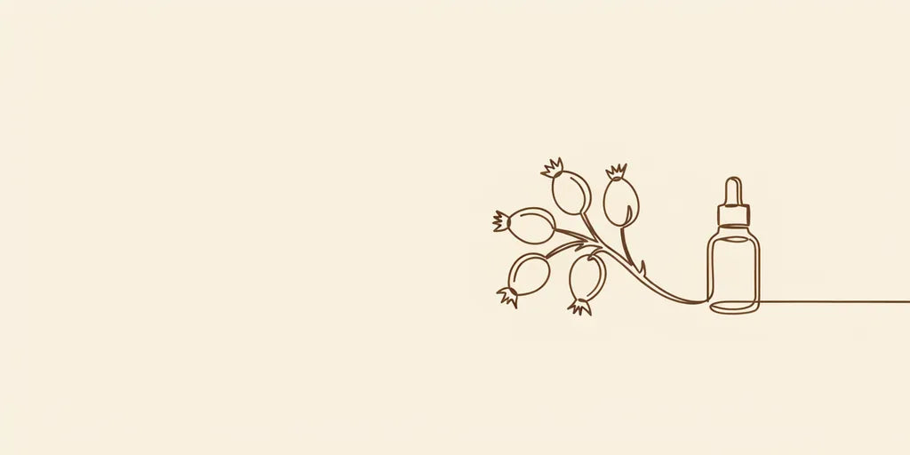 Line art - rosehip branch beside dropper bottle