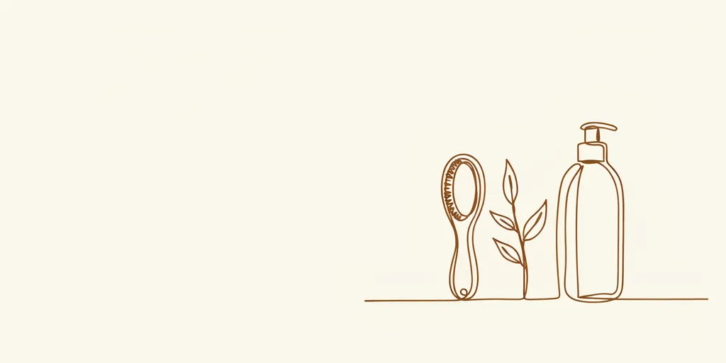 Line art - scalp brush, sprig and shampoo bottle