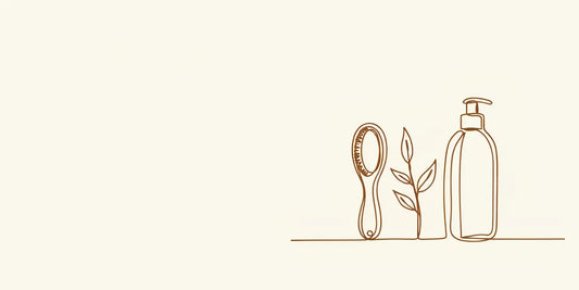 Line art - scalp brush, sprig and shampoo bottle