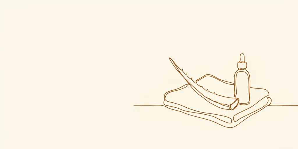 Line art - folded cotton, aloe leaf and oil bottle