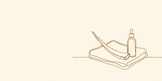 Line art - folded cotton, aloe leaf and oil bottle