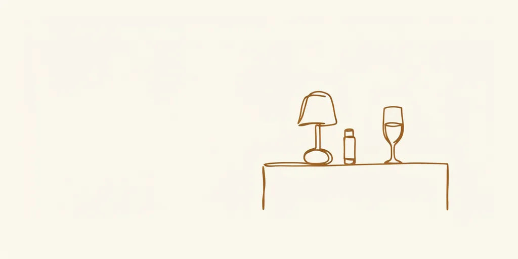 Line art - bedside lamp, lip balm and water