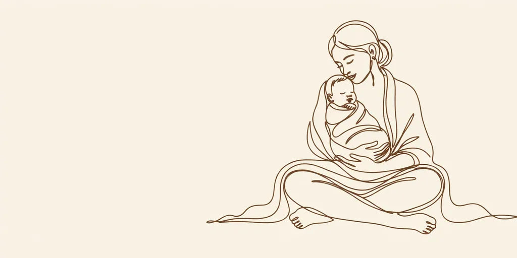 Line art - shawl-wrapped mother with sleeping baby