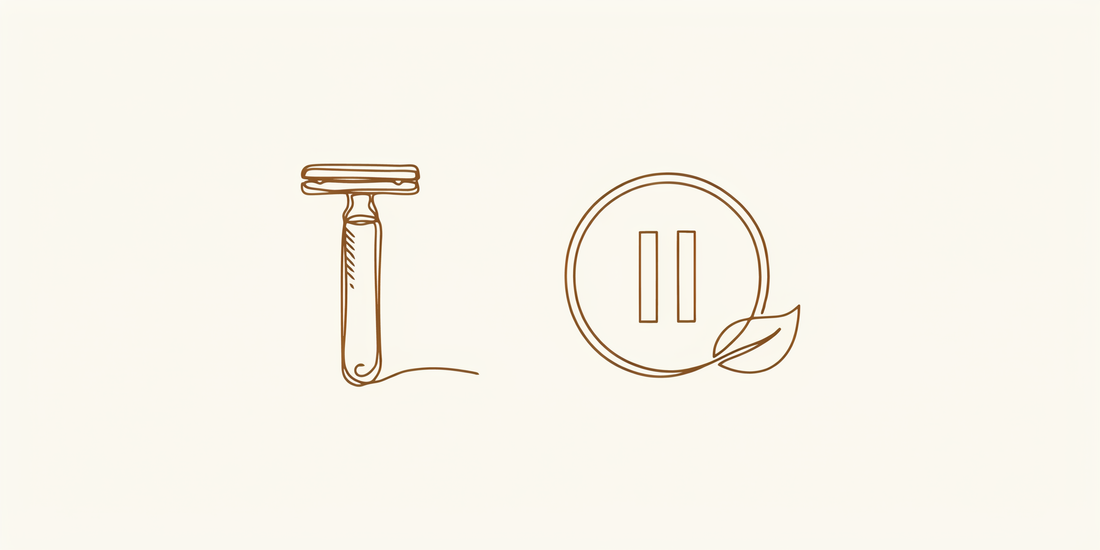 Line drawing of a safety razor and a pause symbol on cream.