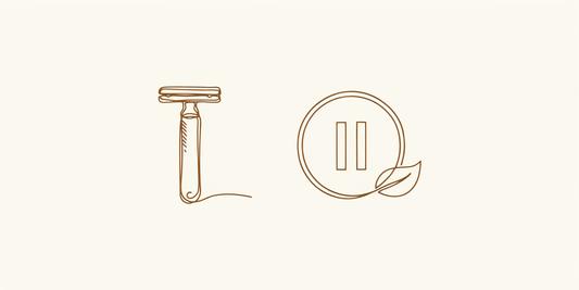 Line drawing of a safety razor and a pause symbol on cream.
