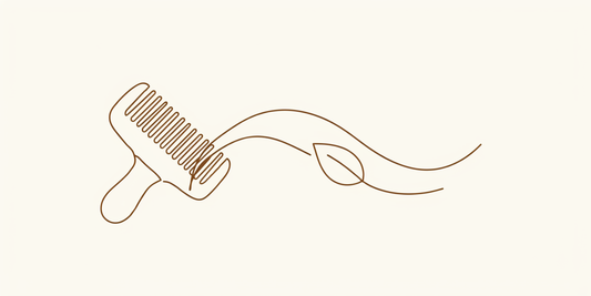 Line drawing of a wide-tooth comb and a smooth strand of hair on cream.