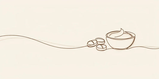 Line art - capsules beside a small bowl of cream