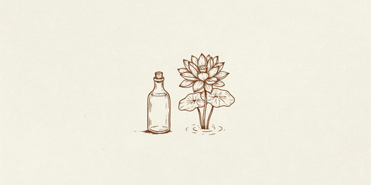 Line drawing of a small oil bottle and a lotus flower on cream.